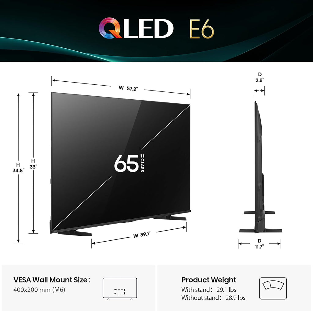 Hisense 65" E6 Cinema Series QLED 4K UHD Smart Fire TV (65E6QF, 2025 Model) - QLED, AI Light Sensor, Dolby Vision · Atmos, Voice Remote with Alexa, Motion Rate 120, HDR 10+ Adaptive, Game Mode Plus