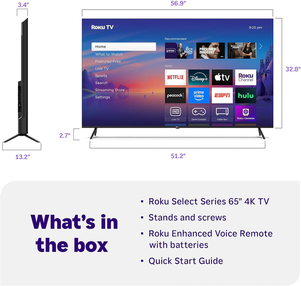 Roku Smart TV 2025 – 65-Inch Select Series, 4K HDR TV – RokuTV with Enhanced Voice Remote – Flat Screen LED Television with Wi-Fi for Streaming Live Local News, Sports, Family Entertainment
