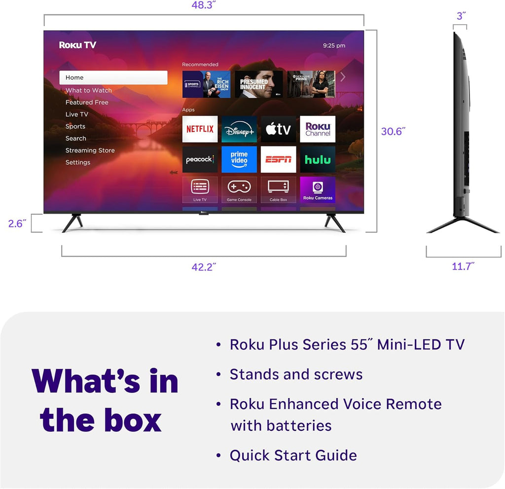 Roku Smart TV 2025 – 55-Inch Plus Series, Mini-LED TV – RokuTV with Enhanced Voice Remote – Flat Screen 4K QLED Television with Dolby Vision & Wi-Fi for Streaming Live Local News, Sports