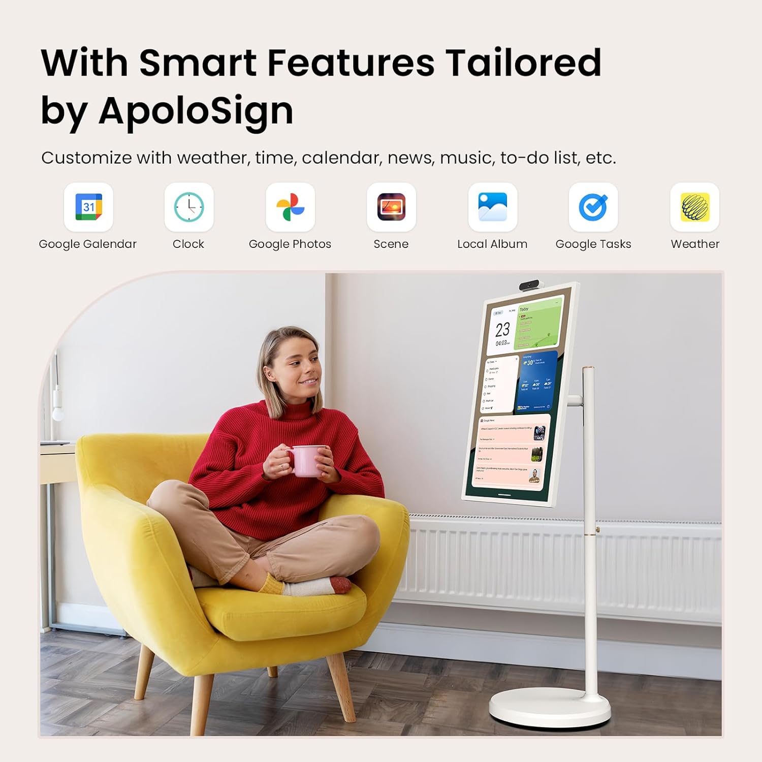ApoloSign 32'' UHD 4K Smart Portable TV 2nd Gen, 16(8+8) GB RAM+256GB, Android 15, EDLA-Certified, Portable Touch Screen Monitor, Built-in 15000mAh Battery, Full Swivel Rotation, Voice Remote Control