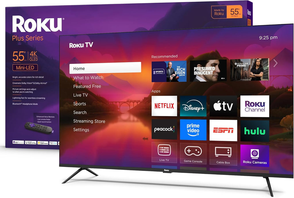 Roku Smart TV 2025 – 55-Inch Plus Series, Mini-LED TV – RokuTV with Enhanced Voice Remote – Flat Screen 4K QLED Television with Dolby Vision & Wi-Fi for Streaming Live Local News, Sports