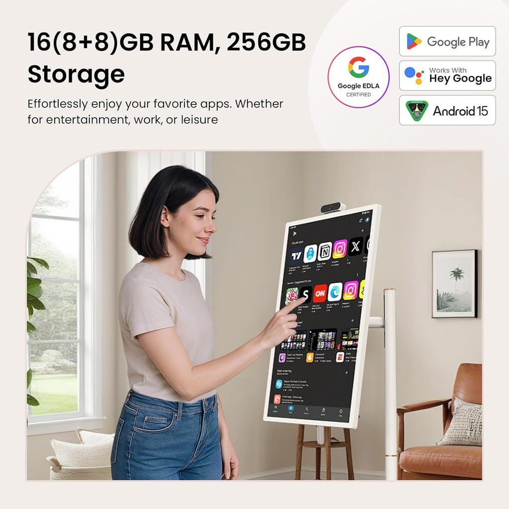 ApoloSign 32'' UHD 4K Smart Portable TV 2nd Gen, 16(8+8) GB RAM+256GB, Android 15, EDLA-Certified, Portable Touch Screen Monitor, Built-in 15000mAh Battery, Full Swivel Rotation, Voice Remote Control