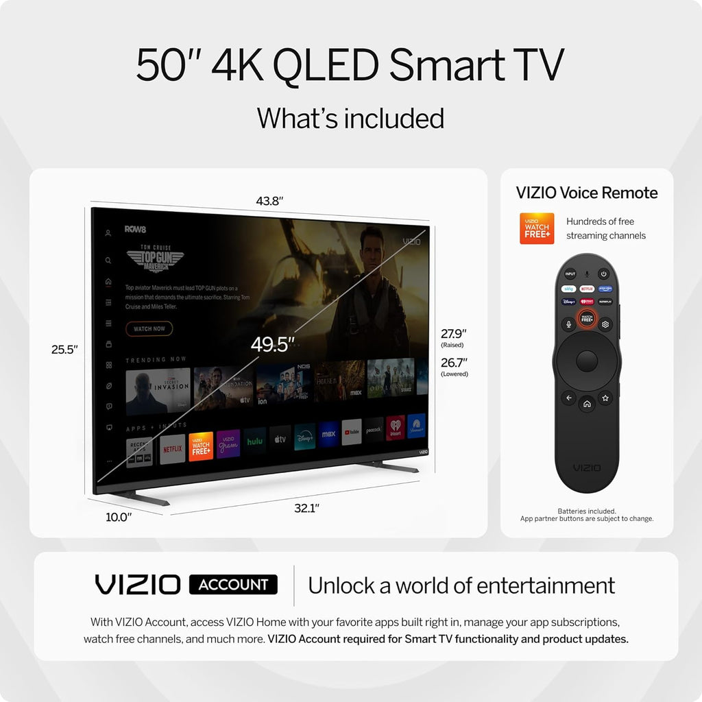VIZIO 50-inch Quantum Pro 4K 120Hz QLED HDR10+ Smart TV with Dolby Vision, Active Full Array, 240Hz @ 1080p PC Gaming, WiFi 6E, Apple AirPlay, Chromecast Built-in, M50QXM-K01, 2023 Model