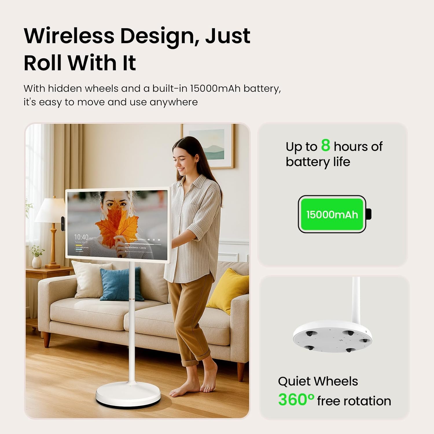 ApoloSign 32'' UHD 4K Smart Portable TV 2nd Gen, 16(8+8) GB RAM+256GB, Android 15, EDLA-Certified, Portable Touch Screen Monitor, Built-in 15000mAh Battery, Full Swivel Rotation, Voice Remote Control