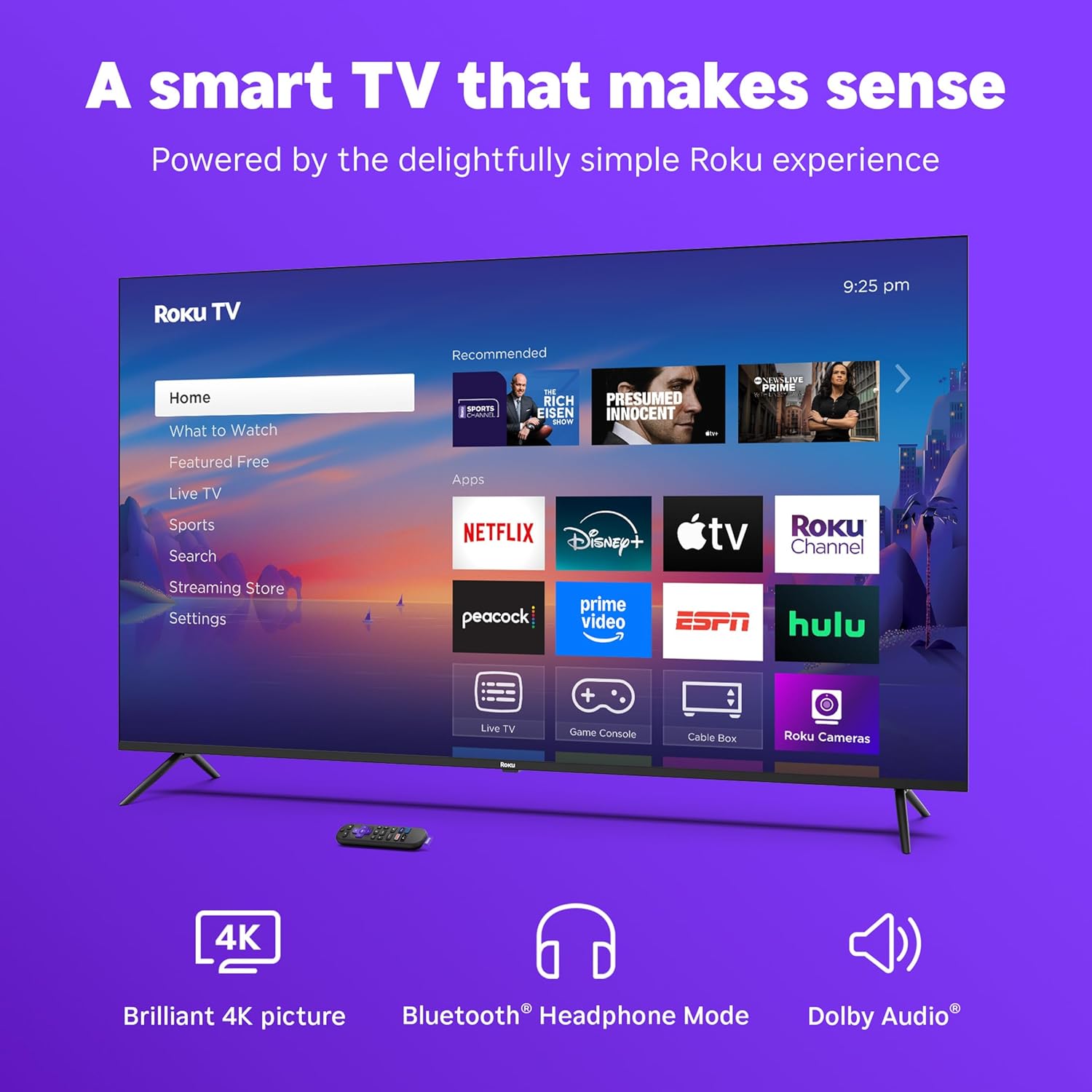 Roku Smart TV 2025 – 65-Inch Select Series, 4K HDR TV – RokuTV with Enhanced Voice Remote – Flat Screen LED Television with Wi-Fi for Streaming Live Local News, Sports, Family Entertainment