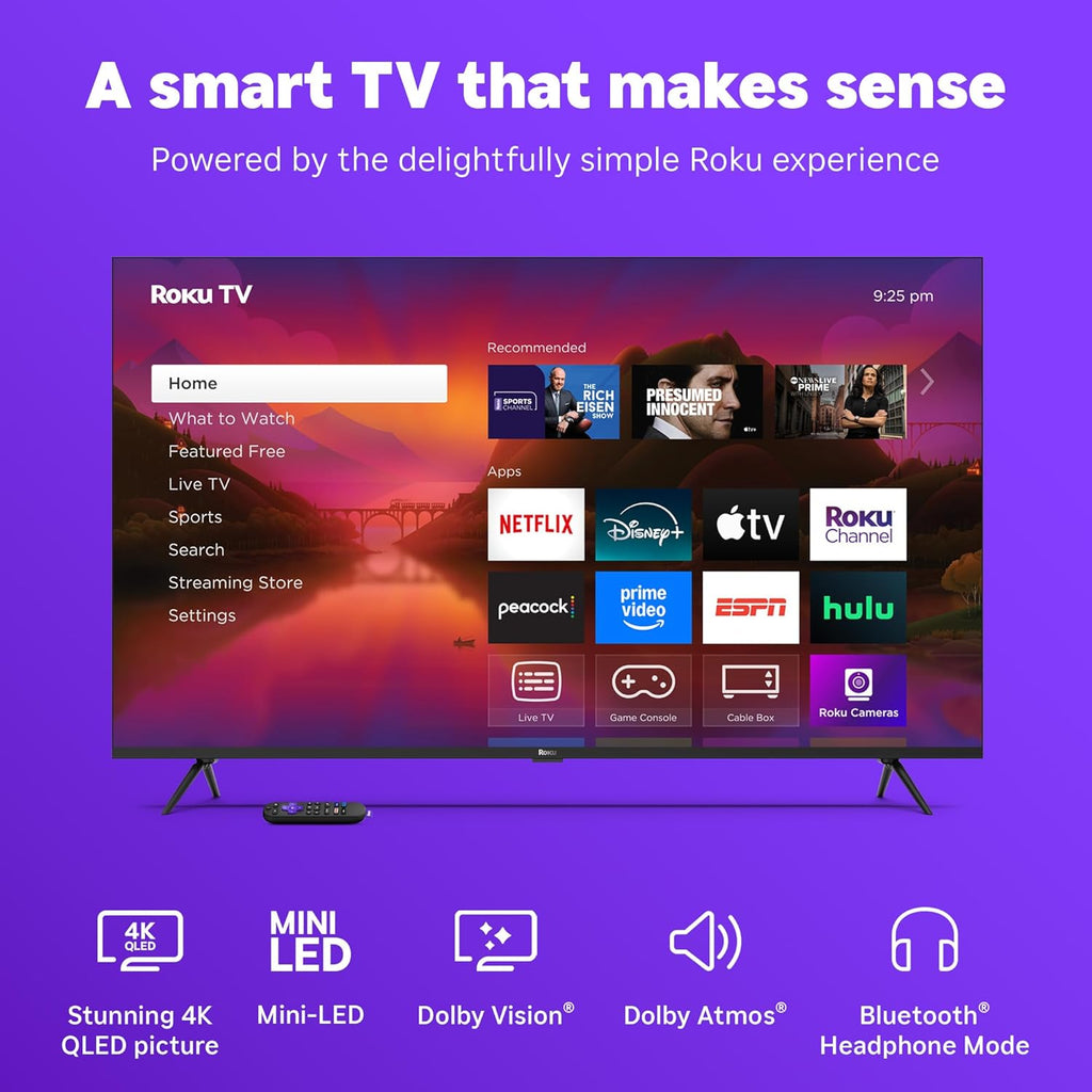 Roku Smart TV 2025 – 55-Inch Plus Series, Mini-LED TV – RokuTV with Enhanced Voice Remote – Flat Screen 4K QLED Television with Dolby Vision & Wi-Fi for Streaming Live Local News, Sports