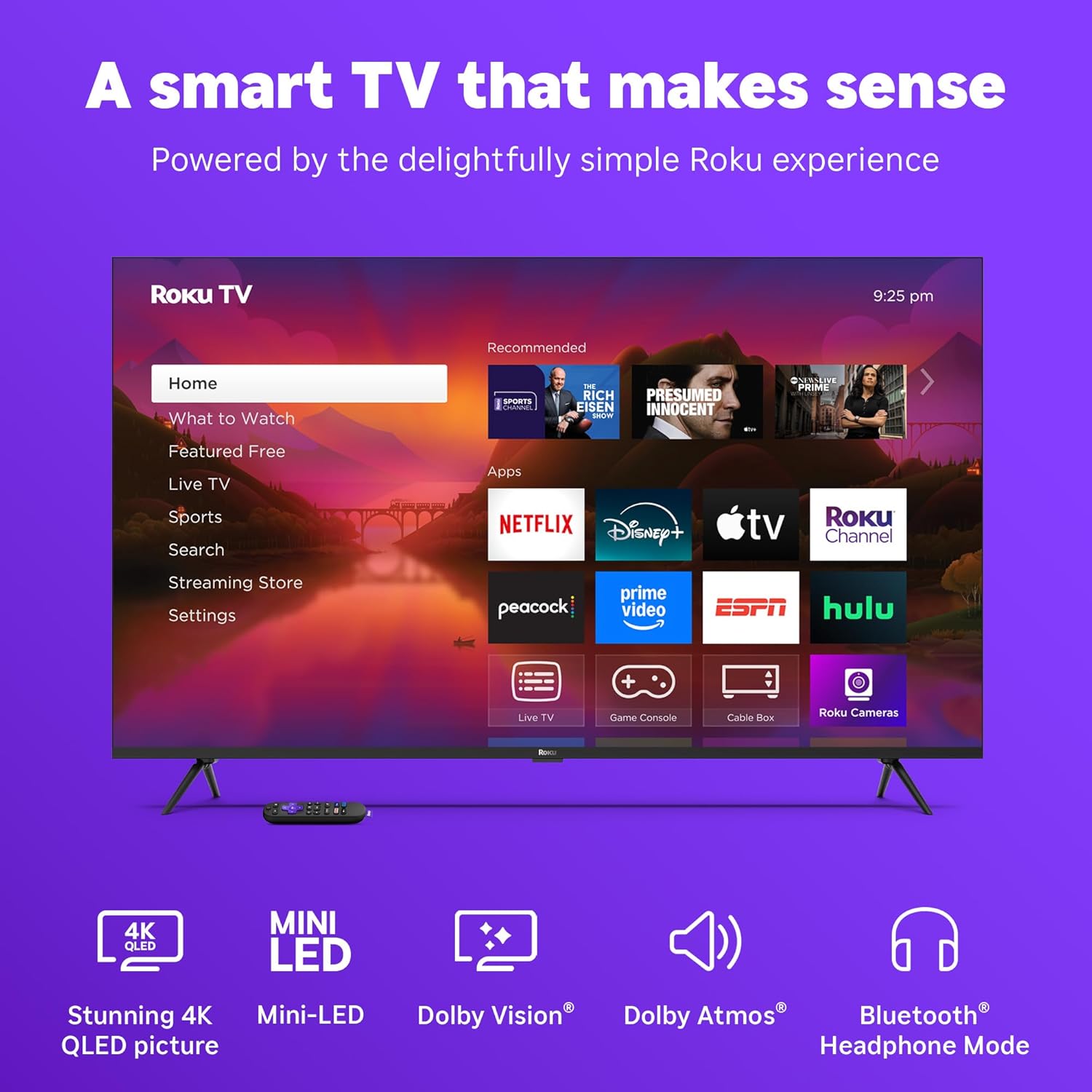 Roku Smart TV 2025 – 55-Inch Plus Series, Mini-LED TV – RokuTV with Enhanced Voice Remote – Flat Screen 4K QLED Television with Dolby Vision & Wi-Fi for Streaming Live Local News, Sports