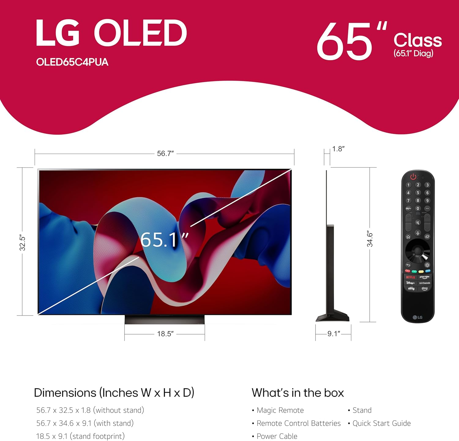 LG 65-Inch Class OLED evo C4 Series Smart TV 4K Processor Flat Screen with Magic Remote AI-Powered with Alexa Built-in (OLED65C4PUA, 2024)