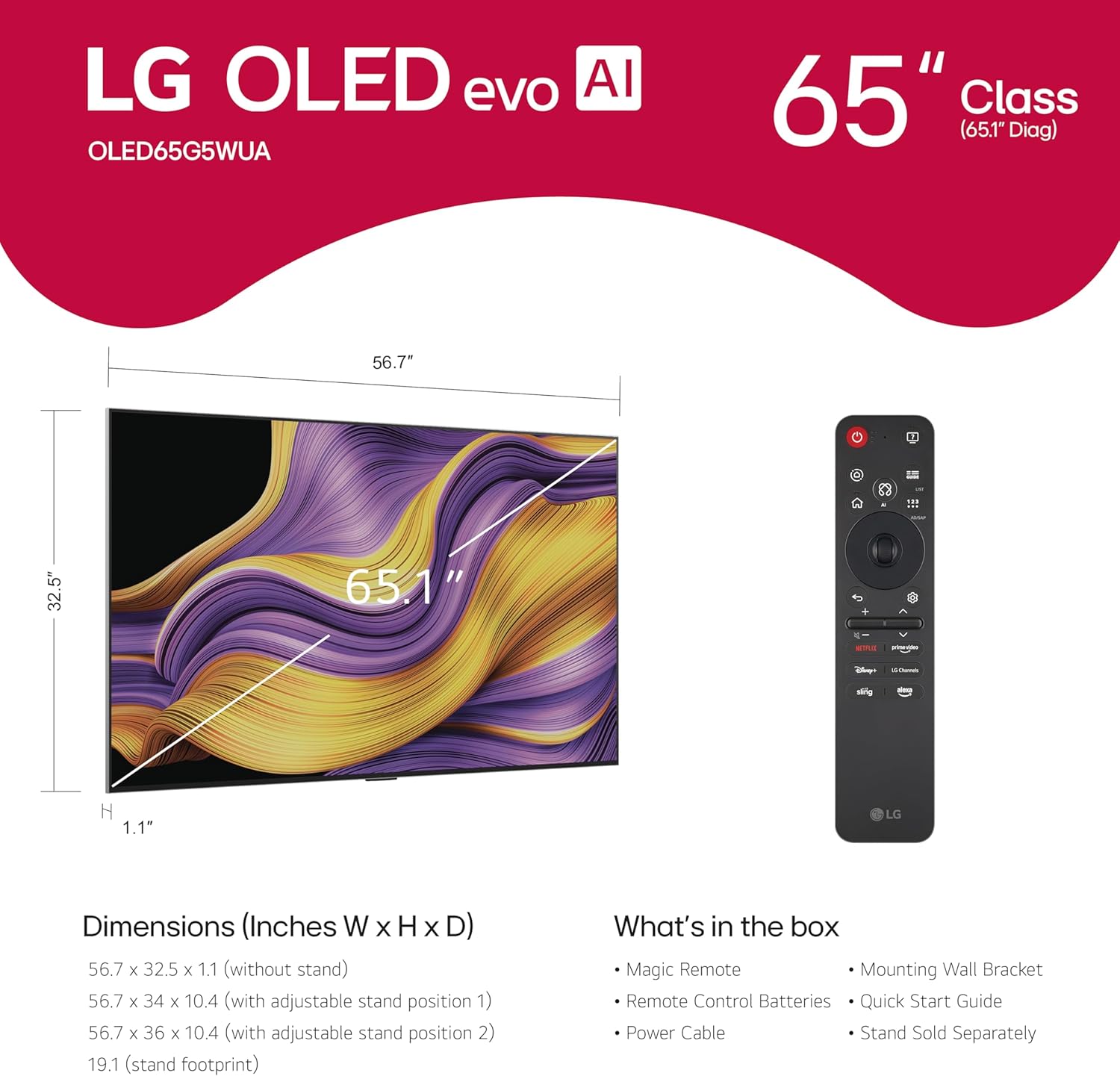 LG 65-Inch Class OLED evo AI 4K G5 Series Smart TV w/Dolby Atmos, Dolby Vision, HDR10, AI Super Upscaling 4K, Filmmaker Mode, Wow Orchestra, Alexa Built-in (OLED65G5WUA, 2025)