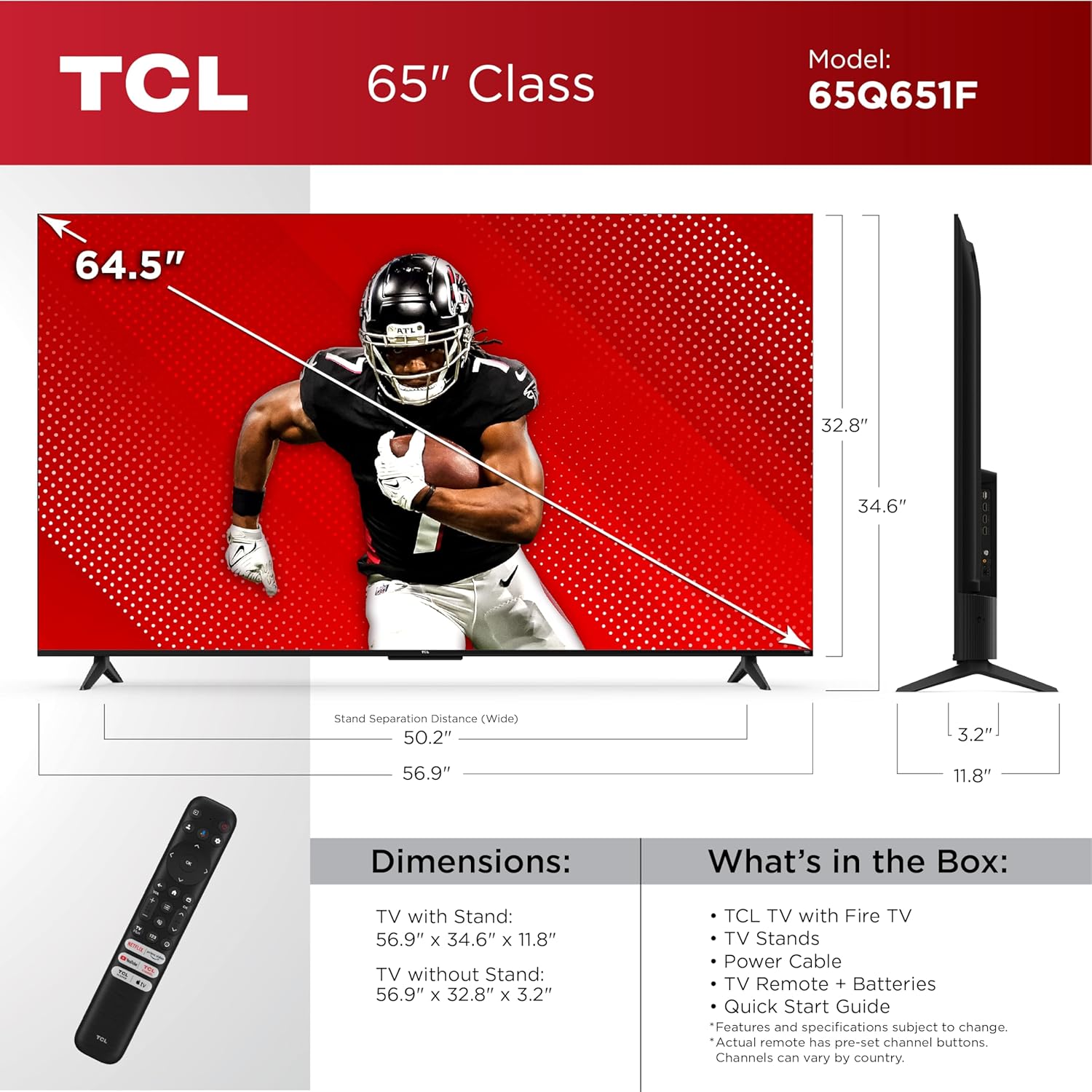 TCL 65-Inch Class Q65 QLED 4K Smart TV with Fire TV (65Q651F, 2024 Model), Dolby Vision, HDR PRO+, Dolby Atmos, Alexa Built-in with Voice Remote, Apple AirPlay 2 Compatibility, Streaming Television