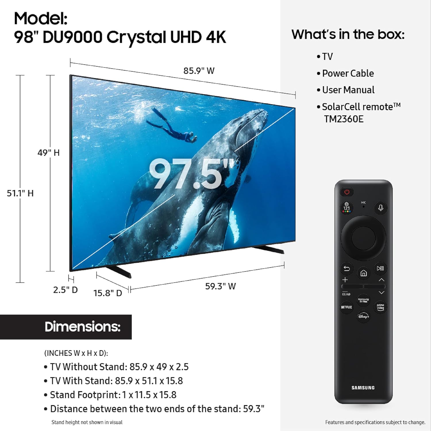 Samsung 98-Inch Class 4K Crystal UHD DU9000 Series HDR Smart TV, Object Tracking Sound Lite, Motion Xcelerator 120Hz, Supersize Picture Enhancer, Mega Contrast, Alexa Built-In (UN98DU9000, 2024 Model)