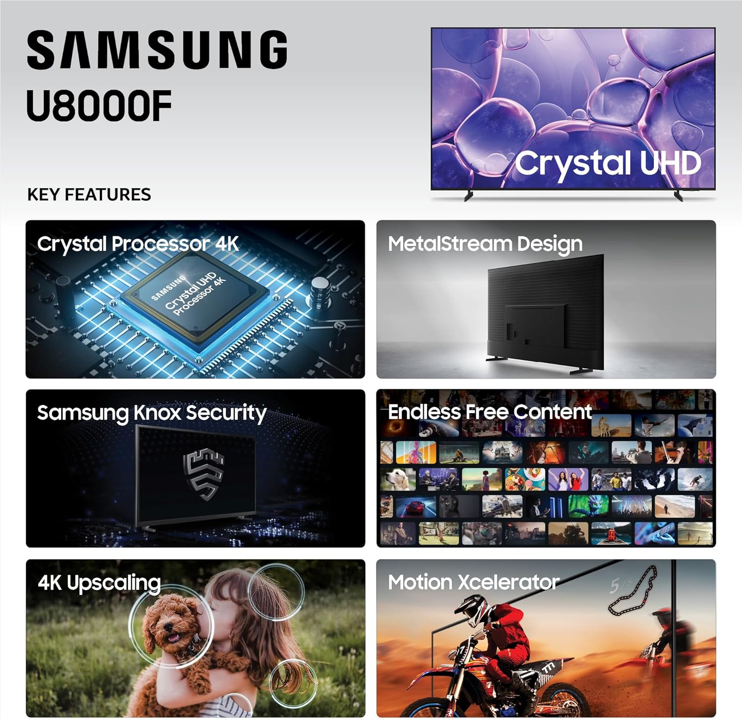 Samsung 65-Inch Class Crystal UHD U8000F 4K Smart TV (2025 Model) Endless Free Content, Crystal Processor 4K, MetalStream Design, Knox Security, Alexa Built-in