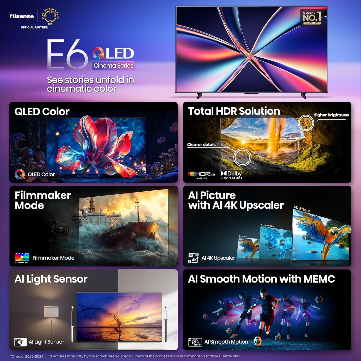 Hisense 65" E6 Cinema Series QLED 4K UHD Smart Fire TV (65E6QF, 2025 Model) - QLED, AI Light Sensor, Dolby Vision · Atmos, Voice Remote with Alexa, Motion Rate 120, HDR 10+ Adaptive, Game Mode Plus