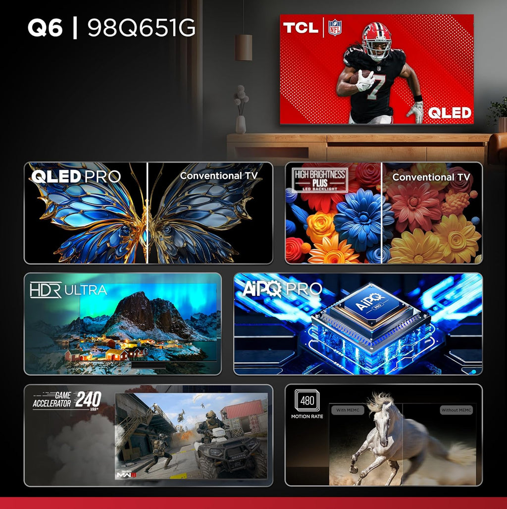 TCL 98-Inch Q65 QLED 4K UHD Smart TV with Google TV (98Q651G, 2024 Model) Dolby Vision, Dolby Atmos, HDR Pro+, Game Accelerator Enhanced Gaming, Voice Remote, Works with Alexa, Streaming Television